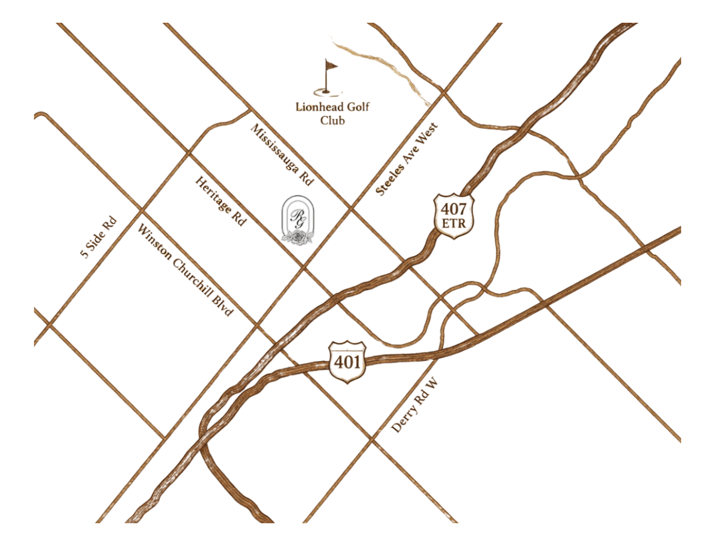 Location map of Rosemont Grove in Brampton near Heritage Road, Steeles Avenue West, Highways 401 and 407, and Lionhead Golf Club.